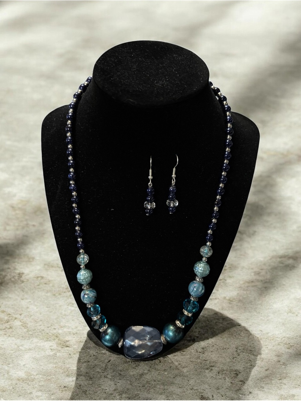 Handcrafted Blue Beaded Necklace and Earring Set